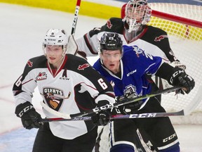 Vancouver Giants' Dylan Plouffe, left, has enjoyed the WHL playoffs and eliminating both Seattle and Victoria en route to the WHL Western Conference Final.