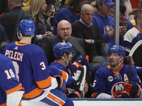 Head coach Barry Trotz of the New York Islanders handles bench duties against the Pittsburgh Penguins in Game 1 of their Eastern Conference first round playoff series at the Nassau Coliseum on April 10, 2019 in Uniondale, N.Y.