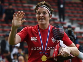 Brittany Benn of Canada acknowledges the crowd after the Cup final between Canada and England at the HSBC Women's Rugby Sevens Kitakyushu at Mikuni World Stadium on April 21, 2019 in Kitakyushu, Fukuoka, Japan.
