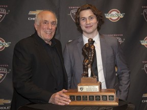 Owen Hardy of the Vancouver Giants was presented with the Bruce Allen Inspirational Leadership Award by Bruce Allen when the WHL team held its team awards at Tsawwassen Springs at the end of the regular season.