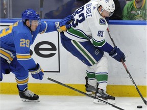 Vancouver Canucks' Jay Beagle (83) skates by St. Louis Blues' Vince Dunn (29) during the second period of an NHL hockey game, Saturday, April 6, 2019, in St. Louis.