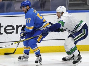 Luke Schenn and the Vancouver Canucks were playing catchup against David Perron and the St. Louis Blues on Saturday. It was a familiar position for a team that allowed the first goal too often this season.