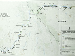 A map of the proposed Trans Mountain pipeline expansion is shown as the National Energy Board releases the board's reconsideration report on marine shipping related to the expansion project.