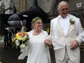 Federal Green party Leader Elizabeth May and her husband John Kidder greet the public following their marriage during Earth Day at the Christ Church Cathedral in Victoria on Monday, April 22, 2019.
