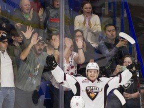 Dylan Pouffe of the Vancouver Giants celebrates a playoff goal at Langley Events Centre, where playoff tickets are a hot item. The Giants are one win away from a berth in the Western Hockey League Final series.