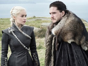The eighth and final season of Game of Thrones premiered on Sunday evening. Emilia Clarke (left) and Kit Harington star as Dany and Jon on the HBO series.