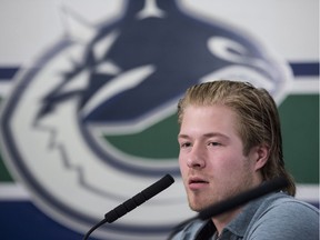 Vancouver Canucks' Brock Boeser is seen during a news conference at Rogers Arena in Vancouver on Monday, April 8, 2019. The Canucks finished their season this past weekend failing to make the 2019 playoffs.