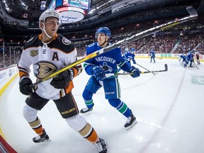 Ashton Sautner saw some action with the Vancouver Canucks in March when he faced Cam Fowler and the Anaheim Ducks at Rogers Arena in Vancouver.