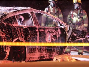 The driver of this Tesla SUV was killed when the vehicle struck a pole and burst into flames on the Lougheed Highwat in Coquitlam on March 18, 2019. [PNG Merlin Archive]
