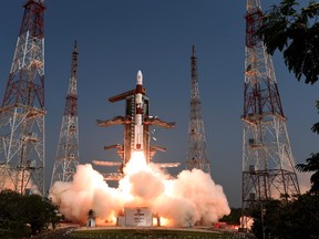 In this photo released by Indian Space Research Organization or ISRO, Polar Satellite Launch Vehicle (PSLV) C-45 lifts from Satish Dhawan Space Centre at Sriharikota in Andhra Pradesh state, around 117 kilometers (72 miles) northeast of Chennai, India, Monday, April 1, 2019.