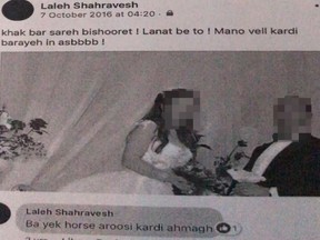 A screenshot shows Shahravesh's comments underneath a picture of her late ex-husband and his new wife, which branded the new ladylove as a 'horse.'