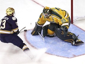 Clarkson goaltender Jake Kielly drops his stick to the ice to make a save on a shot by Notre Dame forward Colin Theisen during the first period of an NCAA Division I men's ice hockey regional game in Manchester, N.H., Friday, March 29, 2019.