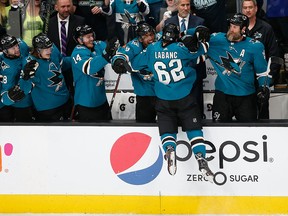 Kevin Labanc of the San Jose Sharks celebrates with teammates after scoring against the Vegas Golden Knights in Game 7 at SAP Center on April 23, 2019 in San Jose. (Lachlan Cunningham/Getty Images)