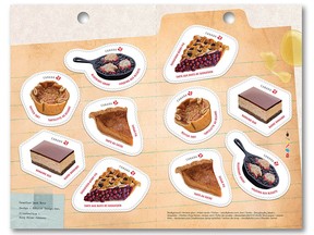 A new set of Canada Post stamps featuring five iconic desserts from around the country includes the Nanaimo bar, Saskatoon berry pie, butter tarts, tarte au sucre (sugar pie) and blueberry grunt. They're available April 17, 2019, and were designed by Roy White and Liz Wurzinger of Subplot Design Inc., from illustrations by Mary Ellen Johnsonn.