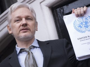 Julian Assange addresses the press at the Embassy of Ecuador in London on Feb. 5, 2016. Euan Cherry/WENN.com
