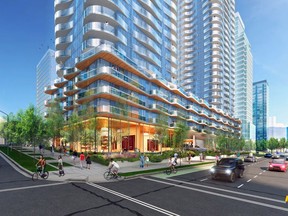Rendering of the proposed Alberni Towers, a twin 38-storey proposal for the site occupied for many decades by a single-story White Spot restaurant on West Georgia in Vancouver.