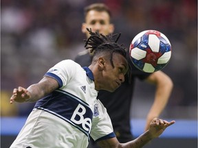 VANCOUVER April 17 2019.  Vancouver Whitecaps FC #29 Yordy Reyna heads the ball against the Los Angeles FC in a regular season MLS soccer game at BC Place,  Vancouver April 17 2019.   ( Gerry Kahrmann  /  PNG staff photo) 00057073A  Story by JJ Adams [PNG Merlin Archive]