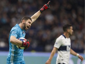 Vancouver Whitecaps FC goalkeeper Maxime Crepeau celebrates his team's first Major League Soccer win of the season Wednesday at B.C. Place Stadium in Vancouver. The Whitecaps hope to make it two in a row when they play Saturday in Orlando City.