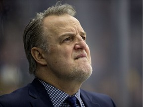 Prince Albert Raiders head coach Marc Habscheid looks on as his team takes on the Saskatoon Blades during the first period of WHL play off action at SaskTel Centre in Saskatoon, SK on Tuesday, April 9, 2019. Photo: Liam Richards, Postmedia