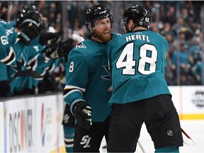 SAN JOSE, CA - MAY 08:  Tomas Hertl #48 of the San Jose Sharks is congratulated by Joe Pavelski #8 after Hertl scored a goal against the Colorado Avalanche during the first period in Game Seven of the Western Conference Second Round during the 2019 NHL Stanley Cup Playoffs at SAP Center on May 8, 2019 in San Jose, California.