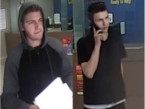 The two suspects pictured in this surveillance footage have been charged. Coleton Reid Szalay (left) is wanted on a Canada Wide Warrant.