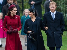 Catherine Duchess of Cambridge, Meghan Duchess of Sussex and Harry Duke of Sussex, attend the Christmas Day service at St. Mary Magdalene Church at Sandringham on Dec. 25, 2018. (John Rainford/WENN.com)