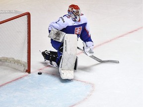 Slovakia's goalkeeper Marek Ciliak reacts after Canada's match winning goal during the IIHF Men's Ice Hockey World Championships Group A match between Slovakia and Canada on May 13, 2019 in Kosice, Slovakia.