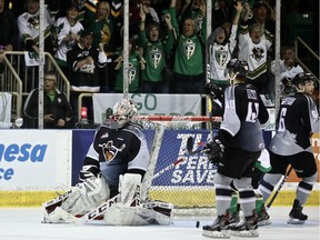 The Prince Albert Raiders celebrate a goal scored against the Vancouver Giants in Game 7 on Monday night in Prince Albert, Saskatchewan.