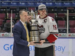 Guelph Storm captain Isaac Ratcliffe is presented the Wayne Gretzky Trophy for winning the OHL Western Conference after defeating the Saginaw Spirit on Monday, April 29, 2019 in Saginaw Mich. Ratcliffe scored twice and added two assists in a five-goal second period as the Guelph Storm defeated the Ottawa 67's 8-3 on Sunday to win the Ontario Hockey League final in six games.