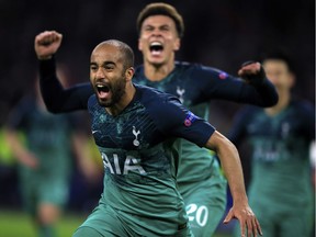 Tottenham's Lucas Moura celebrates after scoring his side's third goal during the Champions League semifinal second leg soccer match between Ajax and Tottenham Hotspur at the Johan Cruyff ArenA in Amsterdam, Netherlands, Wednesday, May 8, 2019.
