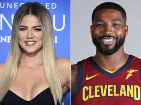 This combination photo shows television personality Khloe Kardashian at the NBCUniversal Network 2017 Upfront at Radio City Music Hall in New York on May 15, 2017, left, and Cleveland Cavaliers' Tristan Thompson at the NBA basketball team media day in Independence, Ohio, on Sept. 25, 2017.