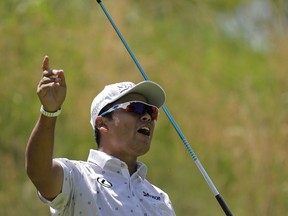 Hideki Matsuyama of Japan calls out on his drive off the fourth tee during the third round of the PGA Championship golf tournament, Saturday, May 18, 2019, at Bethpage Black in Farmingdale, N.Y.