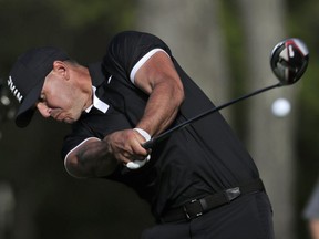 Brooks Koepka drives off the 12th tee during the third round of the PGA Championship golf tournament, Saturday, May 18, 2019, at Bethpage Black in Farmingdale, N.Y.