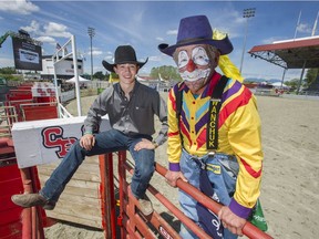 Professional saddle bronc rider Kolby Wanchuk, left, with his father and professional rodeo clown Ricky-Ticky Wanchuk, at the 68th annual Cloverdale Rodeo and Country Fair on Saturday.