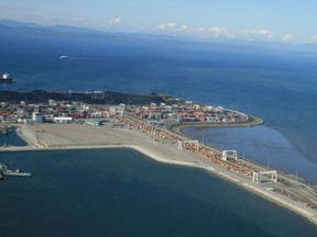 The rail and road causeway to Roberts Bank, home of Deltaport and Westshore terminals.