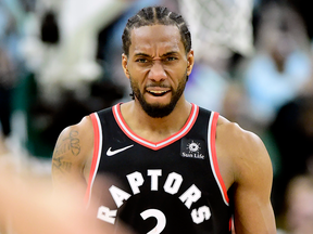 Toronto Raptors' Kawhi Leonard during second half NBA Eastern Conference finals action against the Milwaukee Bucks.