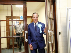 Brexit Party leader Nigel Farage reacts after the European Parliament election results for the UK South East Region are announced at the Civic Centre Southampton, Southern England, on May 26, 2019.