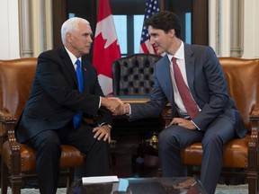 Prime Minister Justin Trudeau meets with U.S. Vice-President Mike Pence in his office on Parliament Hill in Ottawa, Thursday May 30, 2019.