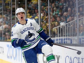 Antoine Roussel celebrates after he scored a goal against the San Jose Sharks at SAP Center on February 16, 2019 in San Jose, California.