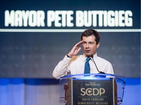 COLUMBIA, SC - JUNE 22: Democratic presidential candidate South Bend, Indiana Mayor Pete Buttigieg addresses the crowd at the 2019 South Carolina Democratic Party State Convention on June 22, 2019 in Columbia, South Carolina. Democratic presidential hopefuls are converging on South Carolina this weekend for a host of events where the candidates can directly address an important voting bloc in the Democratic primary.