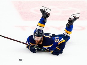 Alex Pietrangelo of the St. Louis Blues gets tripped up against the Boston Bruins during the third period in Game Three of the 2019 NHL Stanley Cup Final at Enterprise Center on June 01, 2019 in St Louis, Missouri. Photo: Dilip Vishwanat/Getty Images