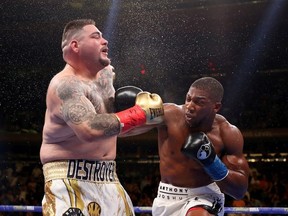 Anthony Joshua knocks down Andy Ruiz Jr in the third round during their IBF/WBA/WBO heavyweight title fight at Madison Square Garden on June 01, 2019 in New York City.