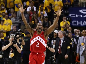 Kawhi Leonard #2 of the Toronto Raptors celebrates his team's win over the Golden State Warriors in Game Six to win the 2019 NBA Finals at ORACLE Arena on June 13, 2019 in Oakland, California.