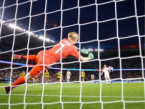 PARIS, FRANCE - JUNE 24: Hedvig Lindahl of Sweden saves a penalty from Janine Beckie of Canada during the 2019 FIFA Women's World Cup France Round Of 16 match between Sweden and Canada at Parc des Princes on June 24, 2019 in Paris, France.