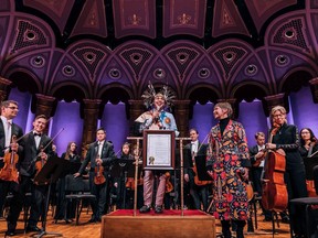 Kelly Tweeddale at the VSO Day of Music with Tyler Alan Jacobs from the Tsleil Waututh Nation. Picture credit: Vancouver Symphony Orchestra.
