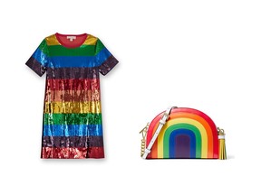 The Ginny Rainbow Leather Half-Moon Crossbody Bag and the Rainbow Sequined Cotton-Jersey T-Shirt Dress.