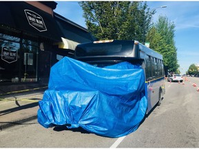 A TransLink-operated bus was involved in a collision Tuesday evening on Hastings Street in Burnaby. One pedestrian was seriously injured. [PNG Merlin Archive]