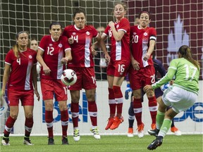 Canada's Shelina Zadorsky, Christine Sinclair,  Melissa Tancredi, Janine Beckie and form a wall to block a  free kick from a Mexican player.