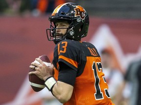 B.C. Lions quarterback Mike Reilly (13) throws the ball against the Winnipeg Blue Bombers during the first half of CFL football action in Vancouver on Saturday, June 15, 2019. Photo: Ben Nelms/CP