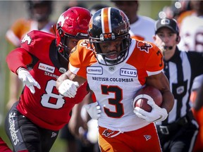 John White IV of B.C. brought his A running game to McMahon Stadium on Saturday, but a late Calgary rally allowed the Stampeders to steal a 36-32 victory in Alberta. Calgary's DaShaun Amos gives chase on this play.
